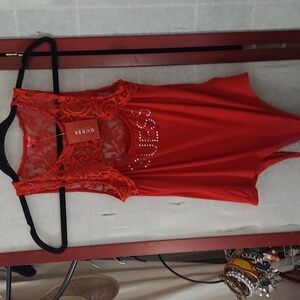 GUESS Bethanie Rhinestone logo peek-a-boo lace embellished bodysuit top Sz M